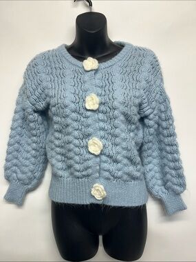Light Blue Cable Knit Cardigan with White Flower Buttons hazel moon 14 large
